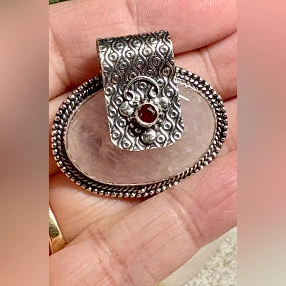 Elegant Sterling Silver and Rose Quartz and garnet  Gemstone Pendant - Picture 6 of 10